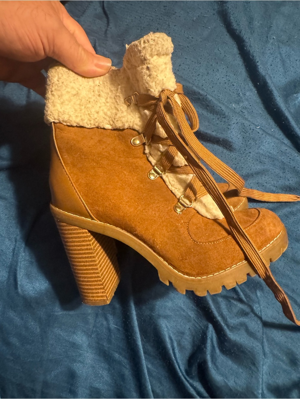 Women's Polyester Size 6M Lace-Up High Heel Ankle Boot in Tan